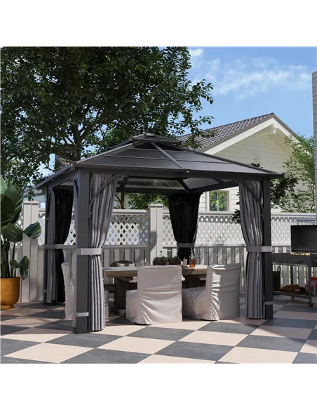 Outsunny 3 x 3(m) Hardtop Gazebo Canopy with 7mm Double Polycarbonate Roof, Garden Gazebo Permanent Pavilion with Mosquito Netti