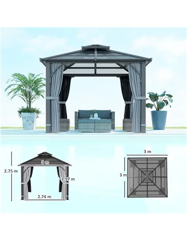 Outsunny 3 x 3(m) Hardtop Gazebo Canopy with 7mm Double Polycarbonate Roof, Garden Gazebo Permanent Pavilion with Mosquito Netti