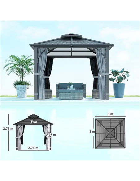 Outsunny 3 x 3(m) Hardtop Gazebo Canopy with 7mm Double Polycarbonate Roof, Garden Gazebo Permanent Pavilion with Mosquito Netti