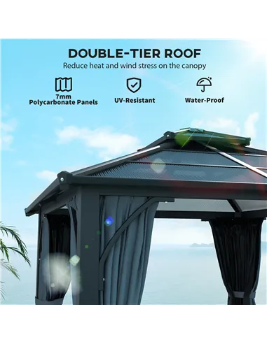Outsunny 3 x 3(m) Hardtop Gazebo Canopy with 7mm Double Polycarbonate Roof, Garden Gazebo Permanent Pavilion with Mosquito Netti