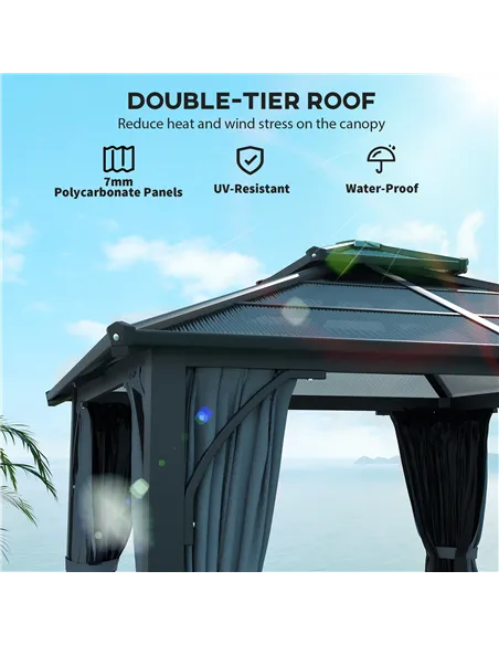 Outsunny 3 x 3(m) Hardtop Gazebo Canopy with 7mm Double Polycarbonate Roof, Garden Gazebo Permanent Pavilion with Mosquito Netti