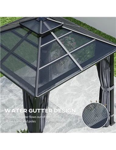 Outsunny 3 x 3(m) Hardtop Gazebo Canopy with 7mm Double Polycarbonate Roof, Garden Gazebo Permanent Pavilion with Mosquito Netti