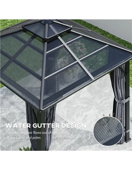 Outsunny 3 x 3(m) Hardtop Gazebo Canopy with 7mm Double Polycarbonate Roof, Garden Gazebo Permanent Pavilion with Mosquito Netti