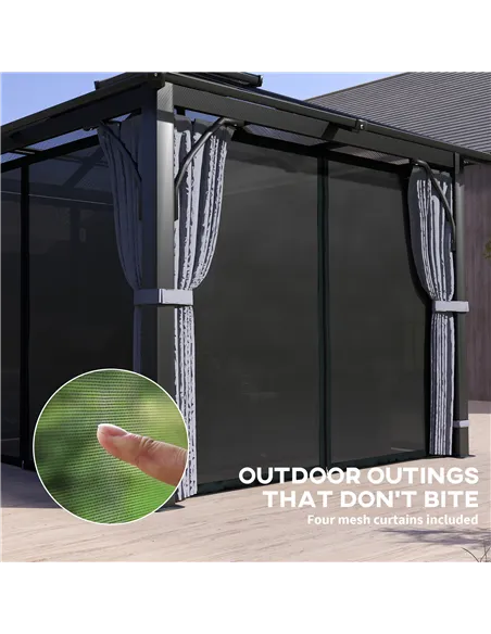 Outsunny 3 x 3(m) Hardtop Gazebo Canopy with 7mm Double Polycarbonate Roof, Garden Gazebo Permanent Pavilion with Mosquito Netti