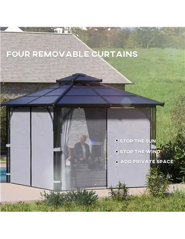 Outsunny 3 x 3(m) Hardtop Gazebo Canopy with 7mm Double Polycarbonate Roof, Garden Gazebo Permanent Pavilion with Mosquito Netti