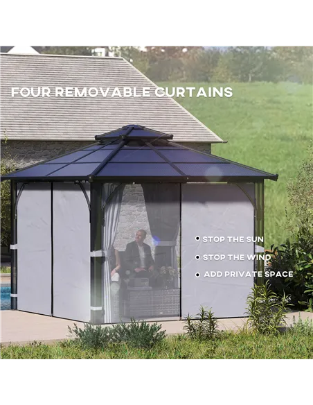 Outsunny 3 x 3(m) Hardtop Gazebo Canopy with 7mm Double Polycarbonate Roof, Garden Gazebo Permanent Pavilion with Mosquito Netti