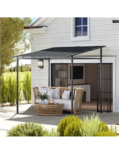 Outsunny 2.4 x 2.4 m Wall Mounted Pergola Gazebo with PA Coating Fabric and Metal Frame, UPF30+, Lean to Garden Gazebo, Wind Res