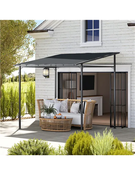Outsunny 2.4 x 2.4 m Wall Mounted Pergola Gazebo with PA Coating Fabric and Metal Frame, UPF30+, Lean to Garden Gazebo, Wind Res