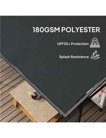 Outsunny 2.4 x 2.4 m Wall Mounted Pergola Gazebo with PA Coating Fabric and Metal Frame, UPF30+, Lean to Garden Gazebo, Wind Res