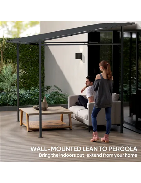 Outsunny 2.4 x 2.4 m Wall Mounted Pergola Gazebo with PA Coating Fabric and Metal Frame, UPF30+, Lean to Garden Gazebo, Wind Res