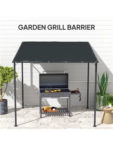 Outsunny 2.4 x 2.4 m Wall Mounted Pergola Gazebo with PA Coating Fabric and Metal Frame, UPF30+, Lean to Garden Gazebo, Wind Res