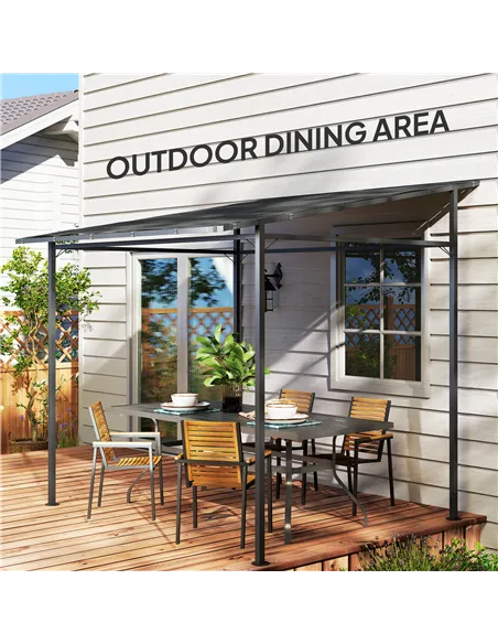 Outsunny 2.4 x 2.4 m Wall Mounted Pergola Gazebo with PA Coating Fabric and Metal Frame, UPF30+, Lean to Garden Gazebo, Wind Res