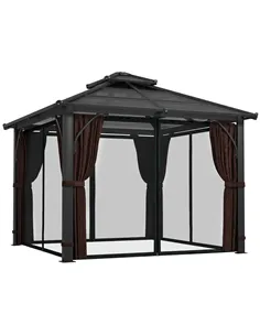 Outsunny 3 x 3(m) Hardtop Gazebo Canopy with 7mm Double Polycarbonate Roof, Garden Gazebo Permanent Pavilion with Mosquito Netti
