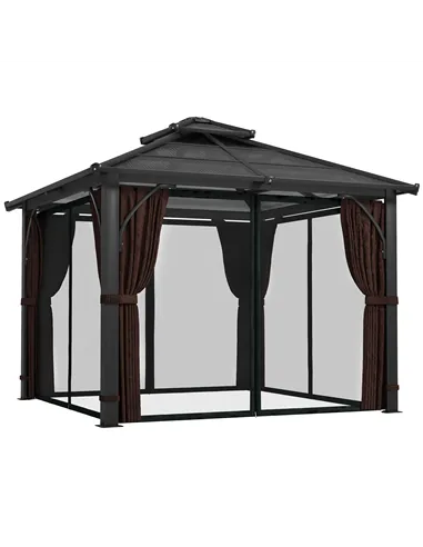 Outsunny 3 x 3(m) Hardtop Gazebo Canopy with 7mm Double Polycarbonate Roof, Garden Gazebo Permanent Pavilion with Mosquito Netti