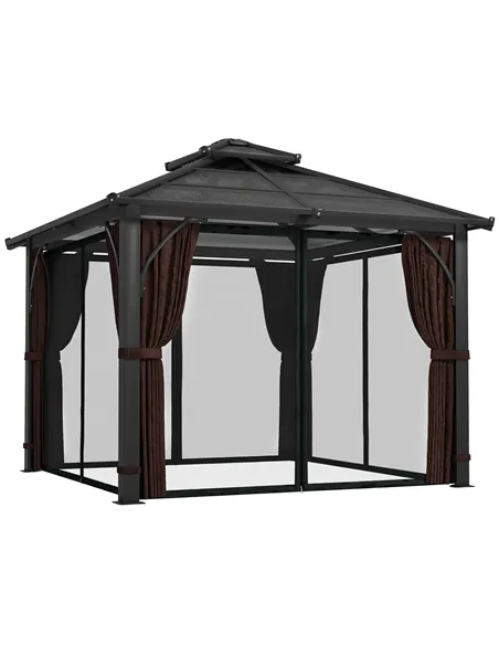 Outsunny 3 x 3(m) Hardtop Gazebo Canopy with 7mm Double Polycarbonate Roof, Garden Gazebo Permanent Pavilion with Mosquito Netti
