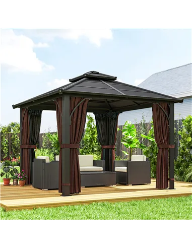 Outsunny 3 x 3(m) Hardtop Gazebo Canopy with 7mm Double Polycarbonate Roof, Garden Gazebo Permanent Pavilion with Mosquito Netti