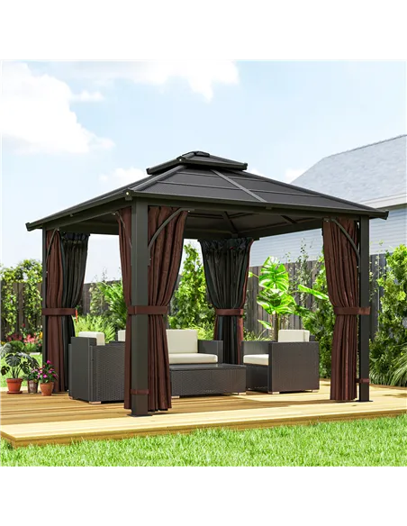 Outsunny 3 x 3(m) Hardtop Gazebo Canopy with 7mm Double Polycarbonate Roof, Garden Gazebo Permanent Pavilion with Mosquito Netti