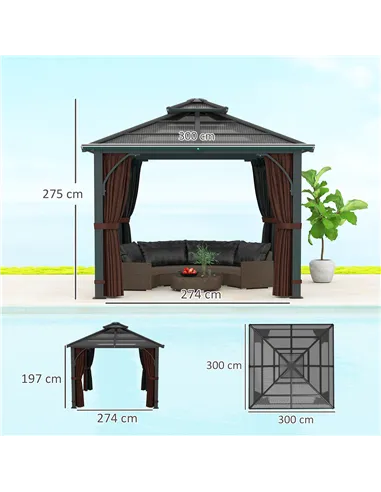 Outsunny 3 x 3(m) Hardtop Gazebo Canopy with 7mm Double Polycarbonate Roof, Garden Gazebo Permanent Pavilion with Mosquito Netti