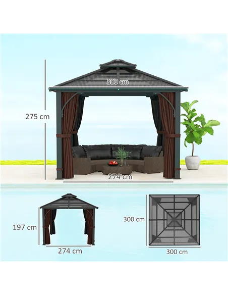 Outsunny 3 x 3(m) Hardtop Gazebo Canopy with 7mm Double Polycarbonate Roof, Garden Gazebo Permanent Pavilion with Mosquito Netti