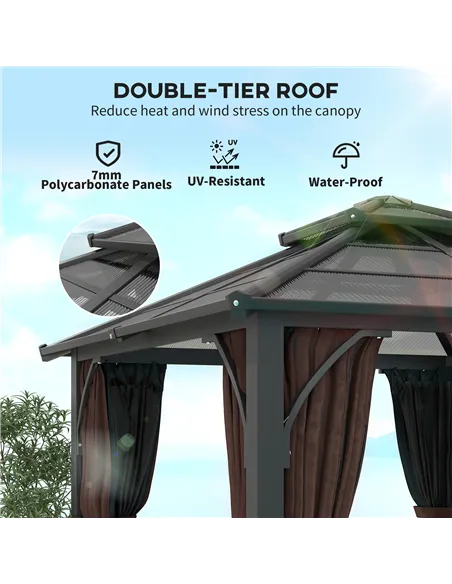 Outsunny 3 x 3(m) Hardtop Gazebo Canopy with 7mm Double Polycarbonate Roof, Garden Gazebo Permanent Pavilion with Mosquito Netti