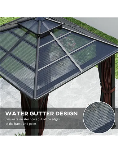 Outsunny 3 x 3(m) Hardtop Gazebo Canopy with 7mm Double Polycarbonate Roof, Garden Gazebo Permanent Pavilion with Mosquito Netti