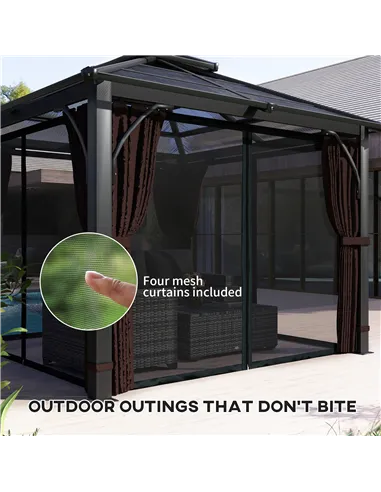 Outsunny 3 x 3(m) Hardtop Gazebo Canopy with 7mm Double Polycarbonate Roof, Garden Gazebo Permanent Pavilion with Mosquito Netti