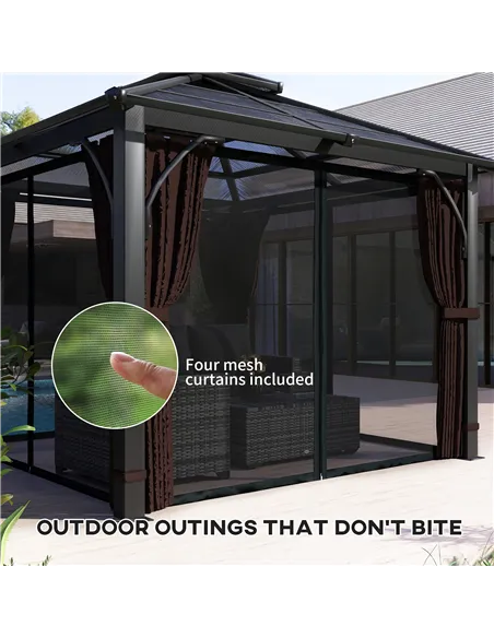 Outsunny 3 x 3(m) Hardtop Gazebo Canopy with 7mm Double Polycarbonate Roof, Garden Gazebo Permanent Pavilion with Mosquito Netti