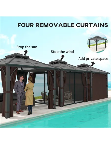 Outsunny 3 x 3(m) Hardtop Gazebo Canopy with 7mm Double Polycarbonate Roof, Garden Gazebo Permanent Pavilion with Mosquito Netti