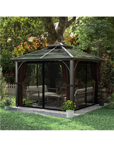 Outsunny 3 x 3(m) Hardtop Gazebo Canopy with 7mm Double Polycarbonate Roof, Garden Gazebo Permanent Pavilion with Mosquito Netti