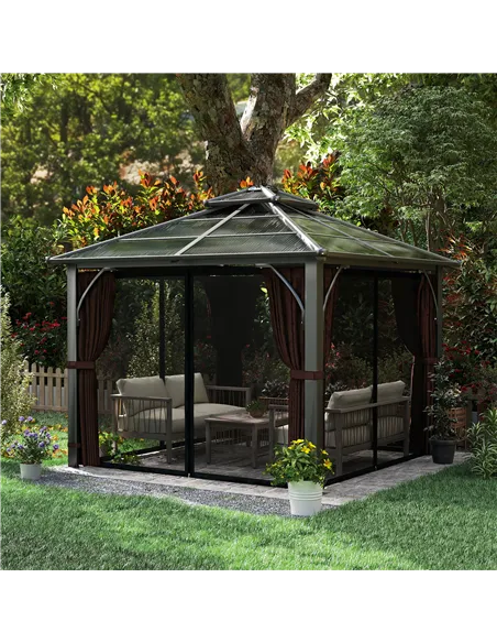 Outsunny 3 x 3(m) Hardtop Gazebo Canopy with 7mm Double Polycarbonate Roof, Garden Gazebo Permanent Pavilion with Mosquito Netti