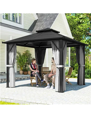 Outsunny 3 x 3(m) Hardtop Gazebo Canopy with UPF30+ Double Polycarbonate Roof, Aluminium Frame Garden Gazebo Permanent Pavilion 