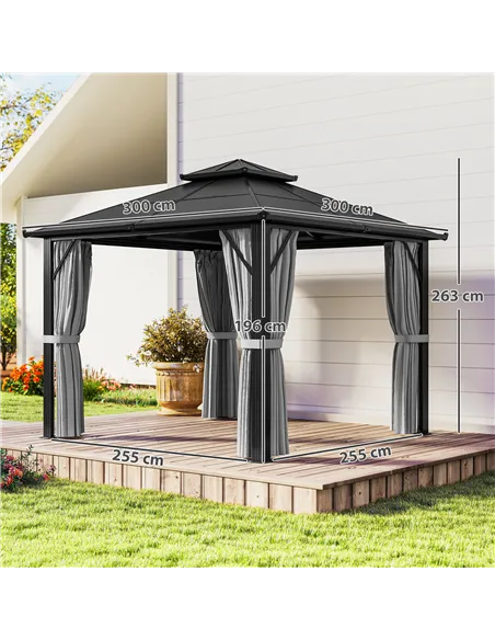 Outsunny 3 x 3(m) Hardtop Gazebo Canopy with UPF30+ Double Polycarbonate Roof, Aluminium Frame Garden Gazebo Permanent Pavilion 