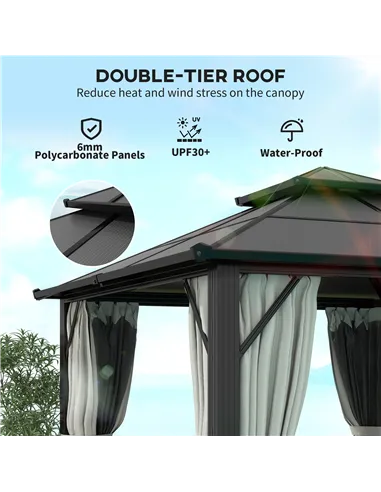 Outsunny 3 x 3(m) Hardtop Gazebo Canopy with UPF30+ Double Polycarbonate Roof, Aluminium Frame Garden Gazebo Permanent Pavilion 