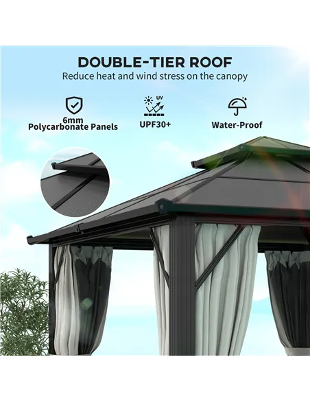 Outsunny 3 x 3(m) Hardtop Gazebo Canopy with UPF30+ Double Polycarbonate Roof, Aluminium Frame Garden Gazebo Permanent Pavilion 