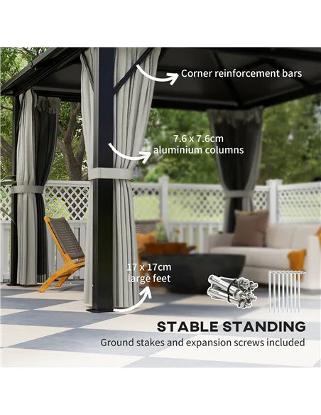 Outsunny 3 x 3(m) Hardtop Gazebo Canopy with UPF30+ Double Polycarbonate Roof, Aluminium Frame Garden Gazebo Permanent Pavilion 