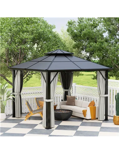 Outsunny 3 x 3(m) Hardtop Gazebo Canopy with UPF30+ Double Polycarbonate Roof, Aluminium Frame Garden Gazebo Permanent Pavilion 