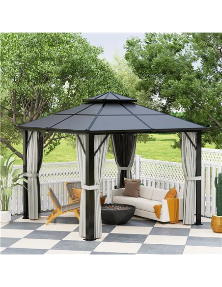 Outsunny 3 x 3(m) Hardtop Gazebo Canopy with UPF30+ Double Polycarbonate Roof, Aluminium Frame Garden Gazebo Permanent Pavilion 