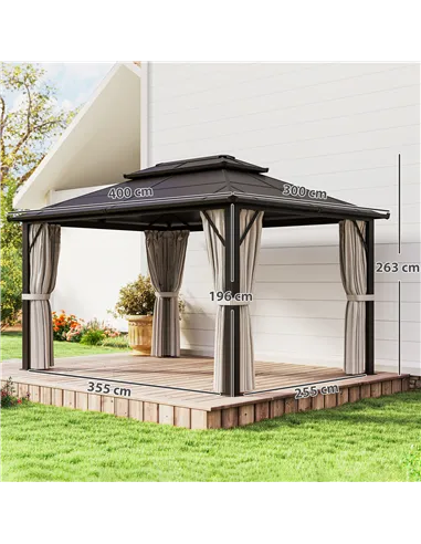 Outsunny 3 x 4m Hardtop Gazebo Canopy with UPF30+ Double Polycarbonate Roof, Aluminium Frame Garden Gazebo Permanent Pavilion wi