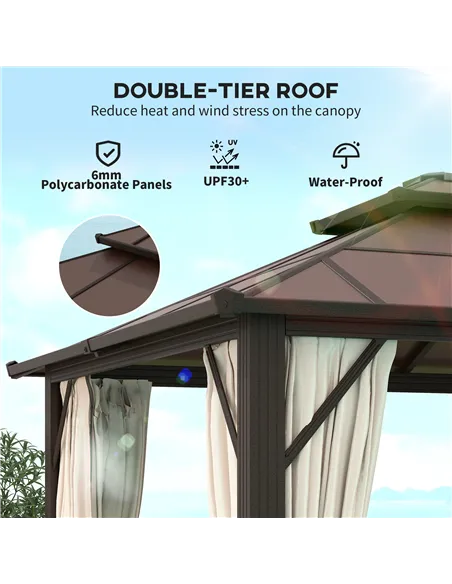 Outsunny 3 x 4m Hardtop Gazebo Canopy with UPF30+ Double Polycarbonate Roof, Aluminium Frame Garden Gazebo Permanent Pavilion wi