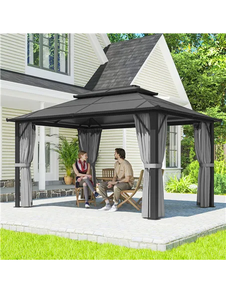 Outsunny 3 x 4m Hardtop Gazebo Canopy with UPF30+ Double Polycarbonate Roof, Aluminium Frame Garden Gazebo Permanent Pavilion wi