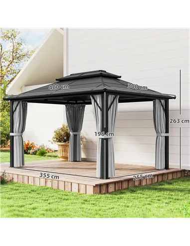 Outsunny 3 x 4m Hardtop Gazebo Canopy with UPF30+ Double Polycarbonate Roof, Aluminium Frame Garden Gazebo Permanent Pavilion wi