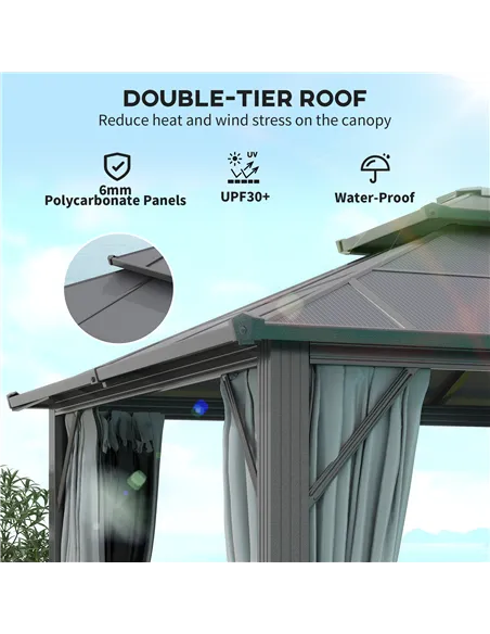 Outsunny 3 x 4m Hardtop Gazebo Canopy with UPF30+ Double Polycarbonate Roof, Aluminium Frame Garden Gazebo Permanent Pavilion wi
