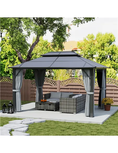 Outsunny 3 x 4m Hardtop Gazebo Canopy with UPF30+ Double Polycarbonate Roof, Aluminium Frame Garden Gazebo Permanent Pavilion wi