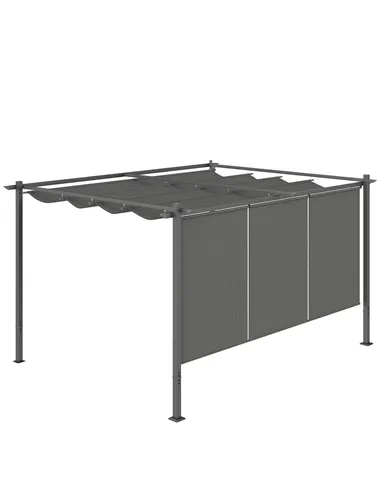 Outsunny 3 x 4m Metal Pergola with Retractable Roof and Roller Shade, Wall-Mounted or Free Standing Garden Gazebo Canopy Pergola