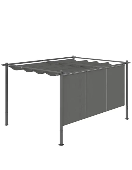 Outsunny 3 x 4m Metal Pergola with Retractable Roof and Roller Shade, Wall-Mounted or Free Standing Garden Gazebo Canopy Pergola