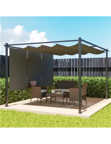 Outsunny 3 x 4m Metal Pergola with Retractable Roof and Roller Shade, Wall-Mounted or Free Standing Garden Gazebo Canopy Pergola