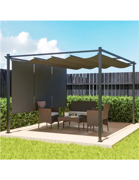 Outsunny 3 x 4m Metal Pergola with Retractable Roof and Roller Shade, Wall-Mounted or Free Standing Garden Gazebo Canopy Pergola