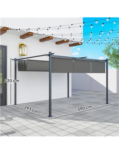 Outsunny 3 x 4m Metal Pergola with Retractable Roof and Roller Shade, Wall-Mounted or Free Standing Garden Gazebo Canopy Pergola