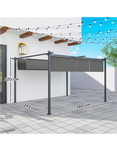 Outsunny 3 x 4m Metal Pergola with Retractable Roof and Roller Shade, Wall-Mounted or Free Standing Garden Gazebo Canopy Pergola