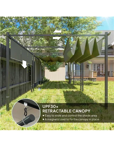 Outsunny 3 x 4m Metal Pergola with Retractable Roof and Roller Shade, Wall-Mounted or Free Standing Garden Gazebo Canopy Pergola